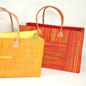 Raffia matting beach bag - Leather handles
